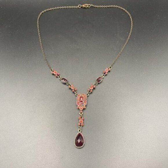 Vintage Avon NR Necklace Brass Tone Y Drop Red Art Deco Victorian 16" - Picture 3 of 6